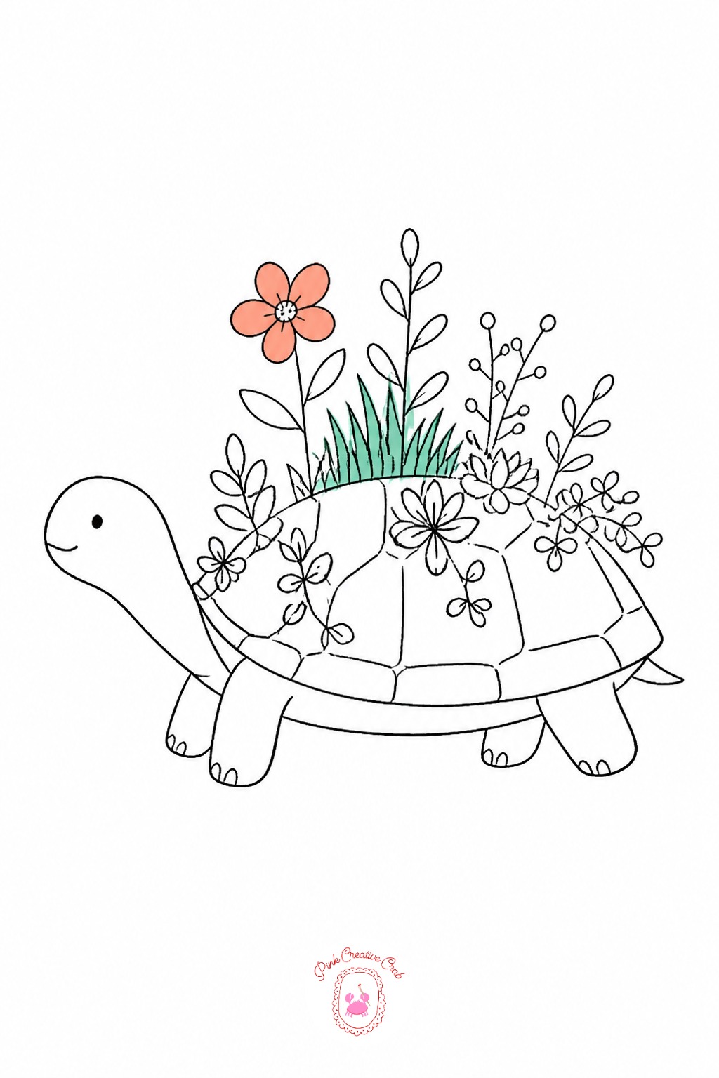 Turtle Carrying a Garden on Its Shell — Sketch the shell first as a simple dome, then divide it into three or four sections with light curved lines before