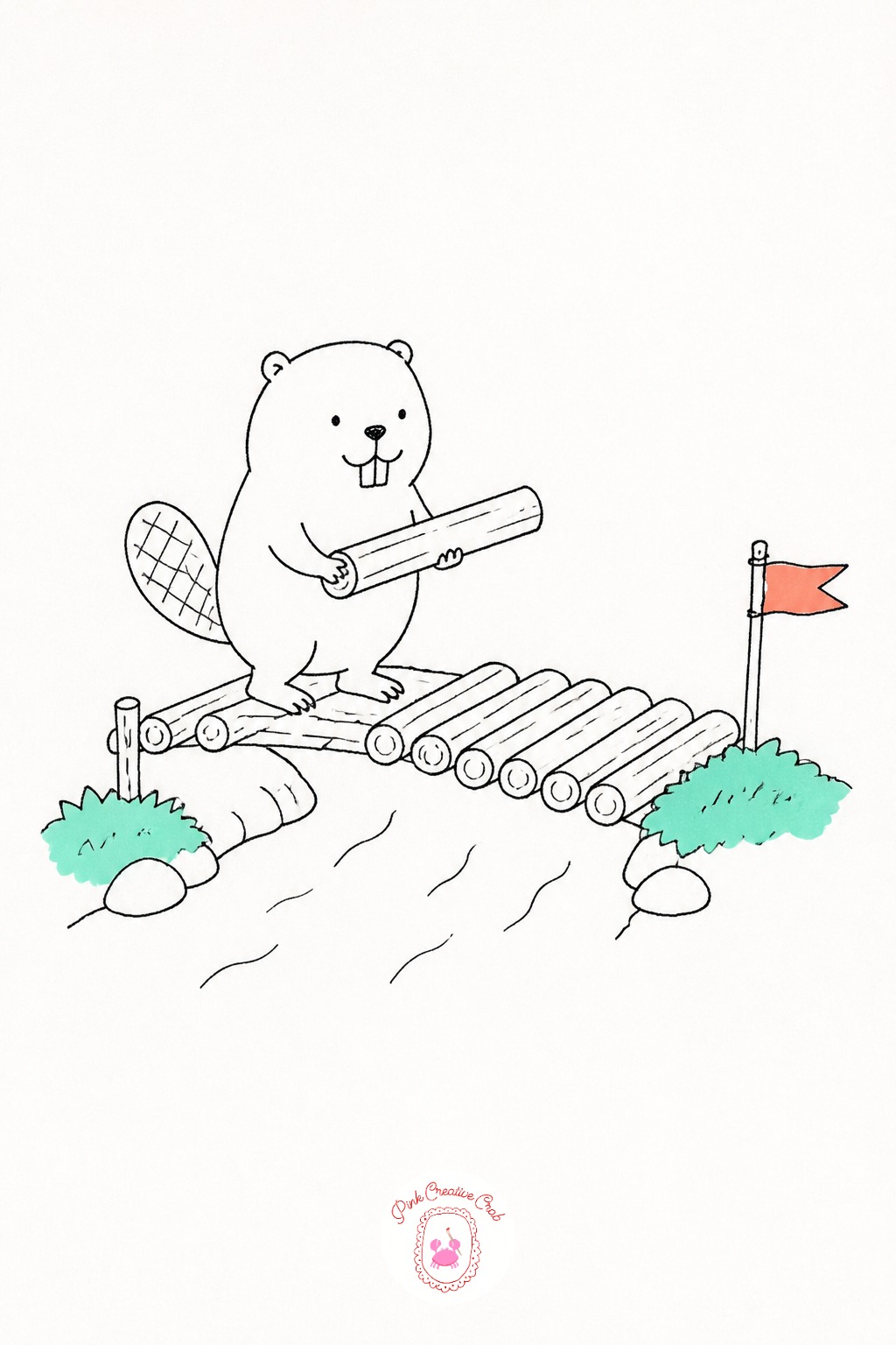 Beaver Building a Tiny Bridge — Place the eye level at the water's surface, looking slightly up at the beaver standing on a half-built bridge of small logs