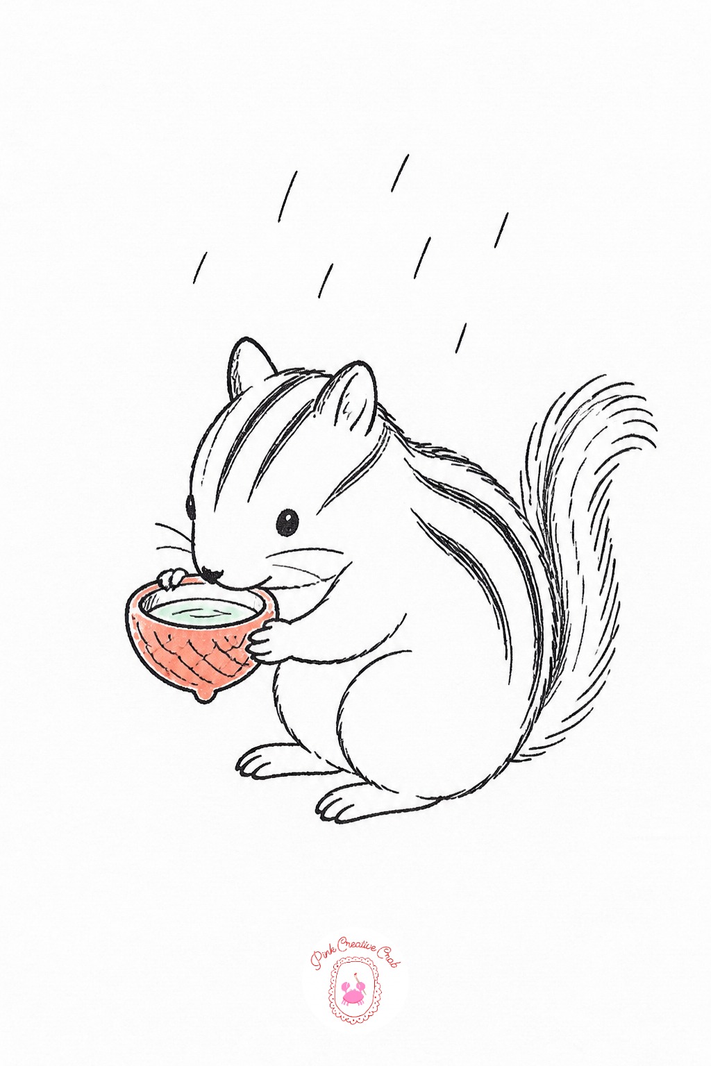 Chipmunk Collecting Rain in Acorn Caps — Line up three or four acorn caps across the page first, each a slightly different size, since the chipmunk's pose will