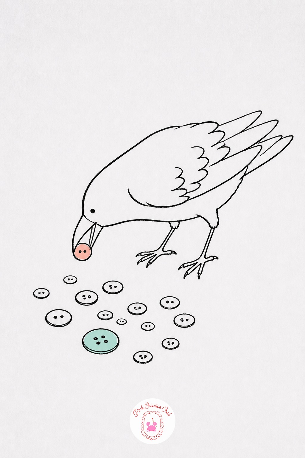 Crow Collecting Shiny Buttons — Build the crow's body as one solid dark shape first, since crows read instantly from silhouette alone and the fineliner can