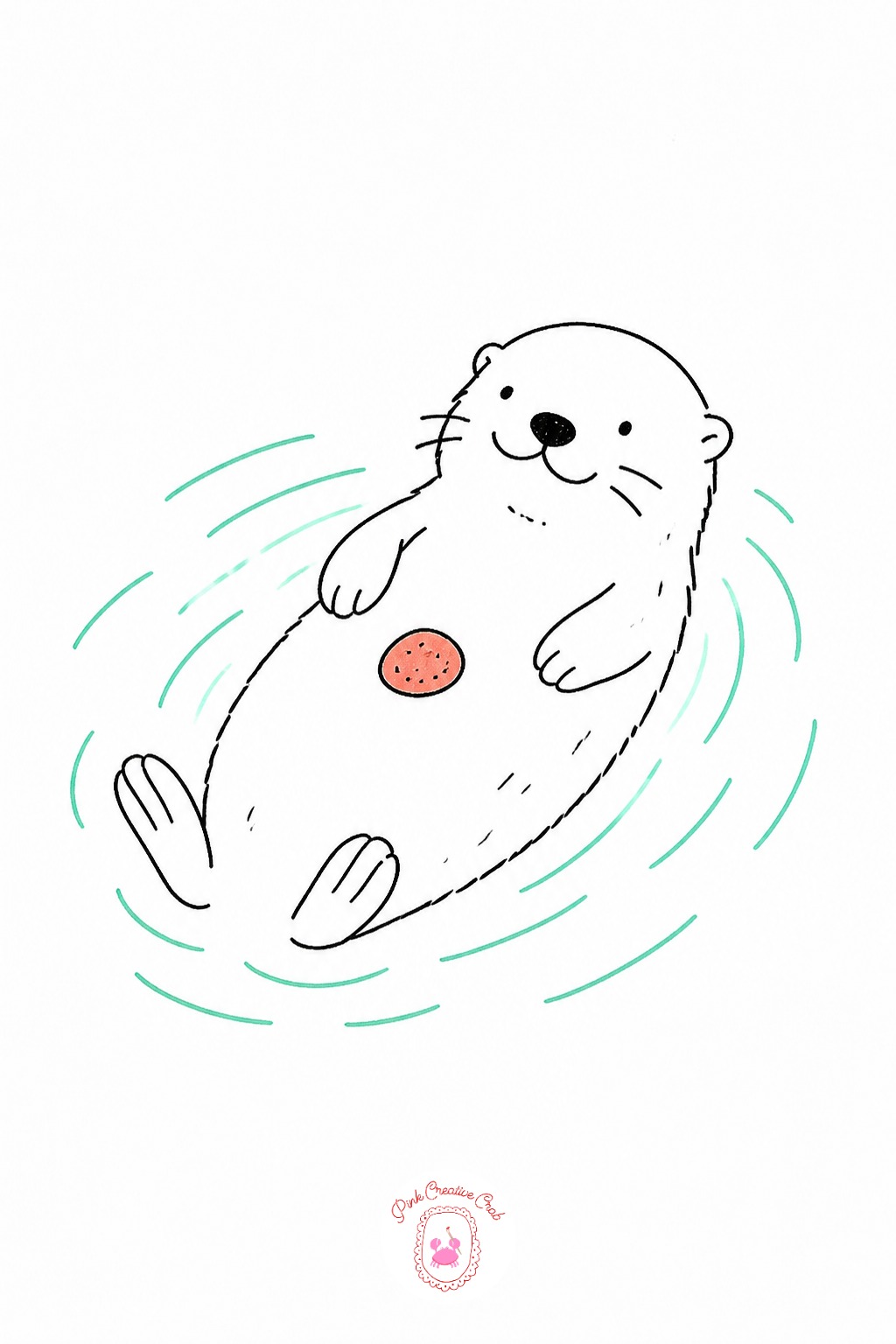 Otter Floating With a Pebble on Its Belly — Draw the water line first as one long horizontal stroke, since the otter floats along it on its back and everything