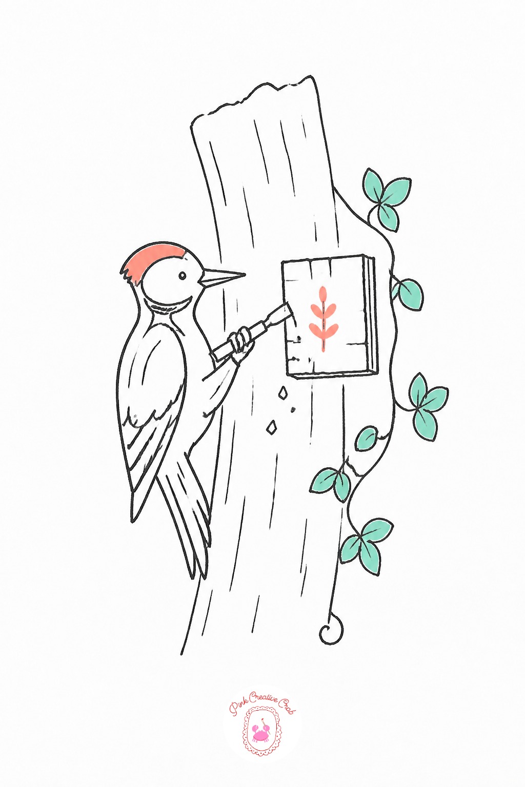 Woodpecker Carving a Tiny Sign — Place the tree trunk vertically down one side of the page first, giving the woodpecker a clear surface to work against before