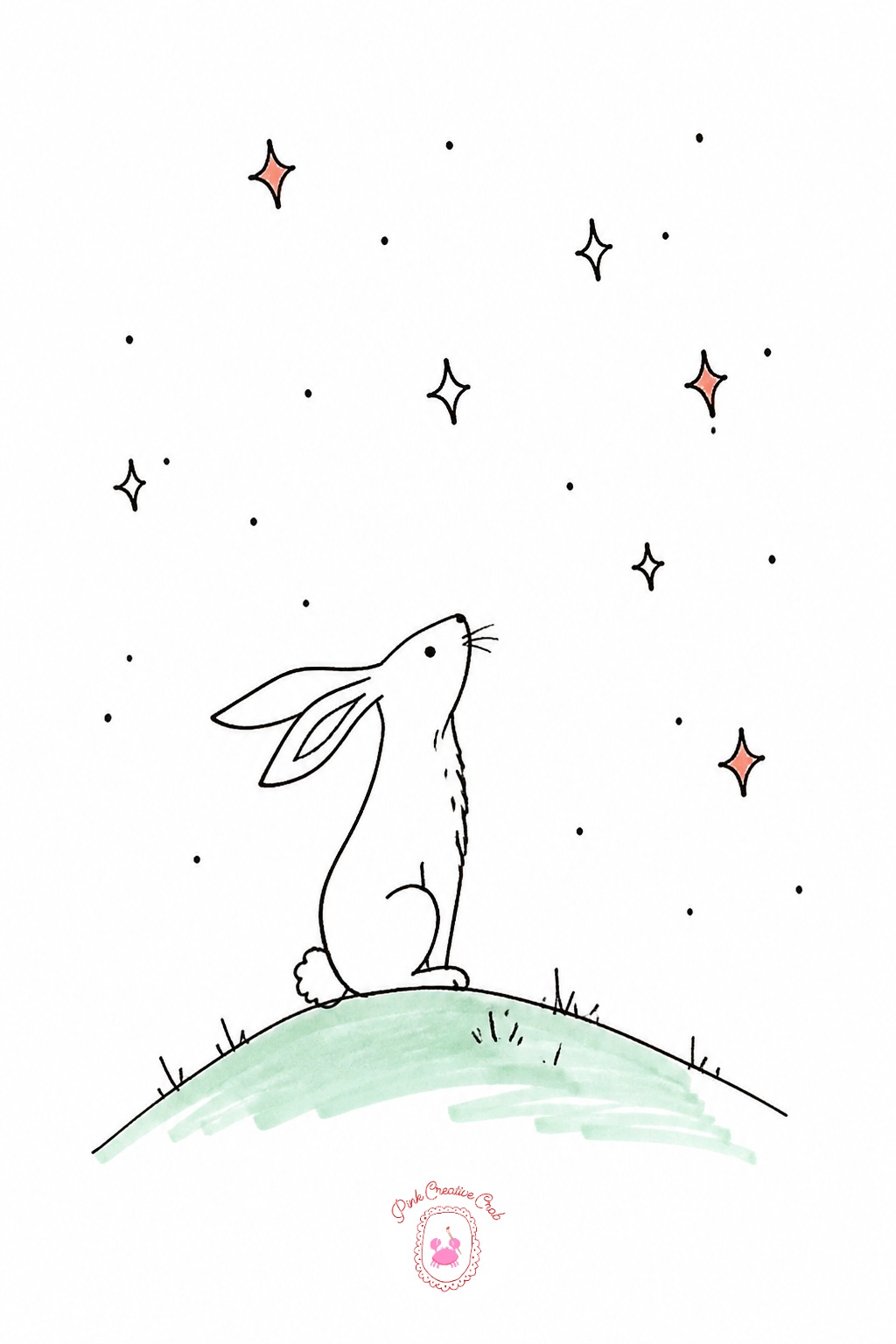 Hare Stargazing From a Hilltop — Set the eye level low and looking slightly up, with the hare's long ears breaking the horizon line against a sky full of small