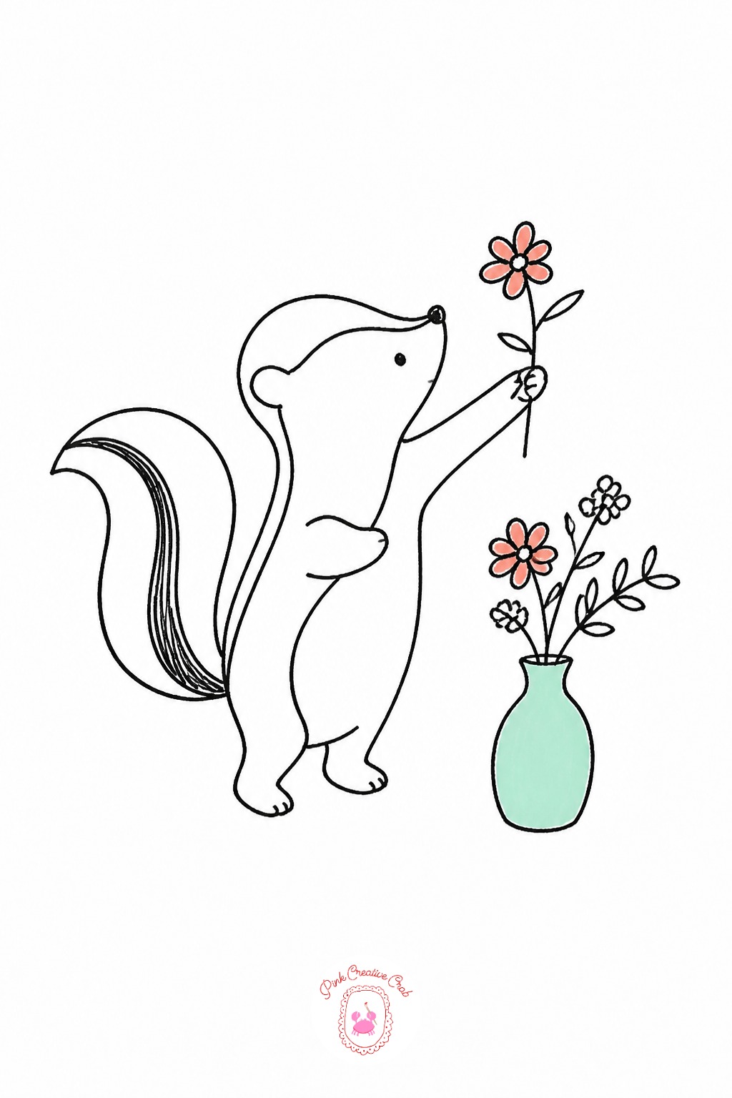 Skunk Picking Wildflowers for a Vase — Start with the small vase sitting on the ground, since its size decides how tall the flowers can grow and how far the