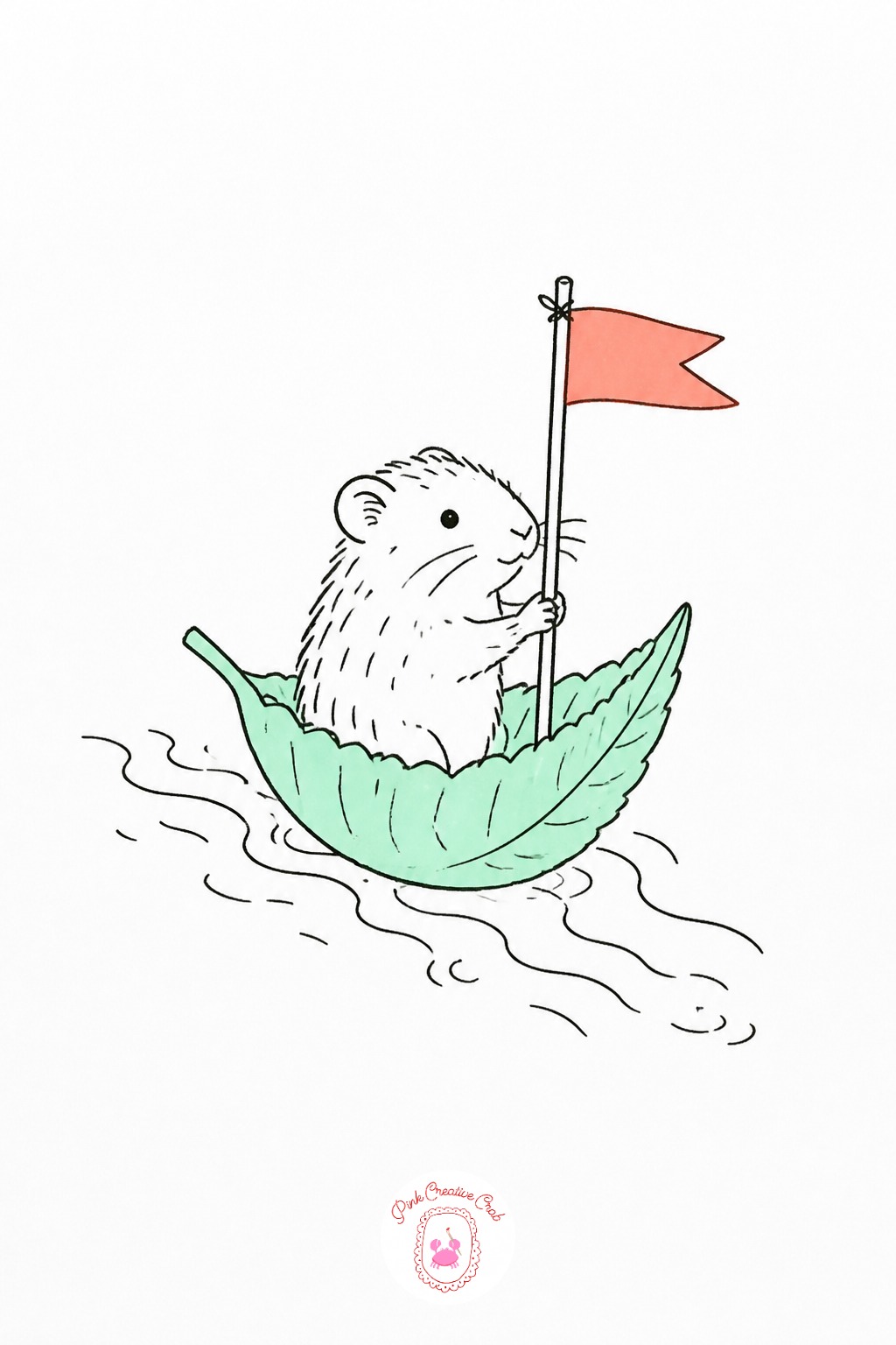 Vole Riding a Leaf Boat Downstream — Draw the stream banks as two curved lines angled toward each other in the distance, which sets up a simple one point