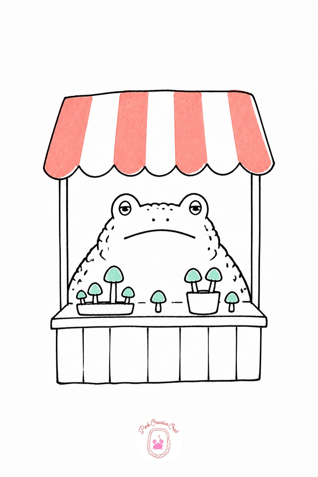 Toad Running a Tiny Mushroom Stall — Build the stall first as a simple table shape with a small awning overhead, since the toad's pose and the goods on display