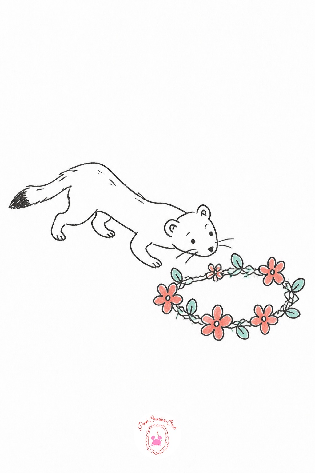 Stoat Stealing a Picked Flower Crown — Draw the discarded flower crown first, lying slightly askew on the ground as if just set down, since the stoat's whole