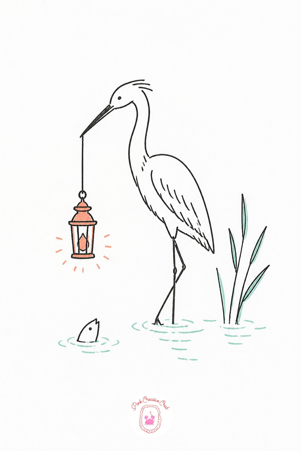 Heron Fishing With a Lantern — Set the light source at a small lantern hanging from the heron's beak or a nearby reed, which means the water just below it