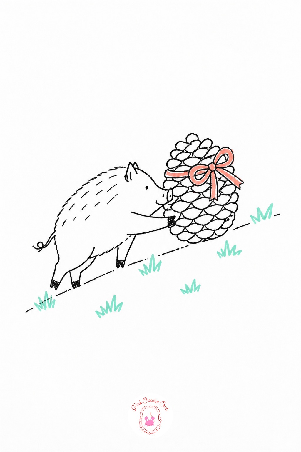 Boar Rolling a Pinecone Uphill — Angle the hill as a diagonal line running from the bottom corner to the upper half of the page, since that slope is what makes