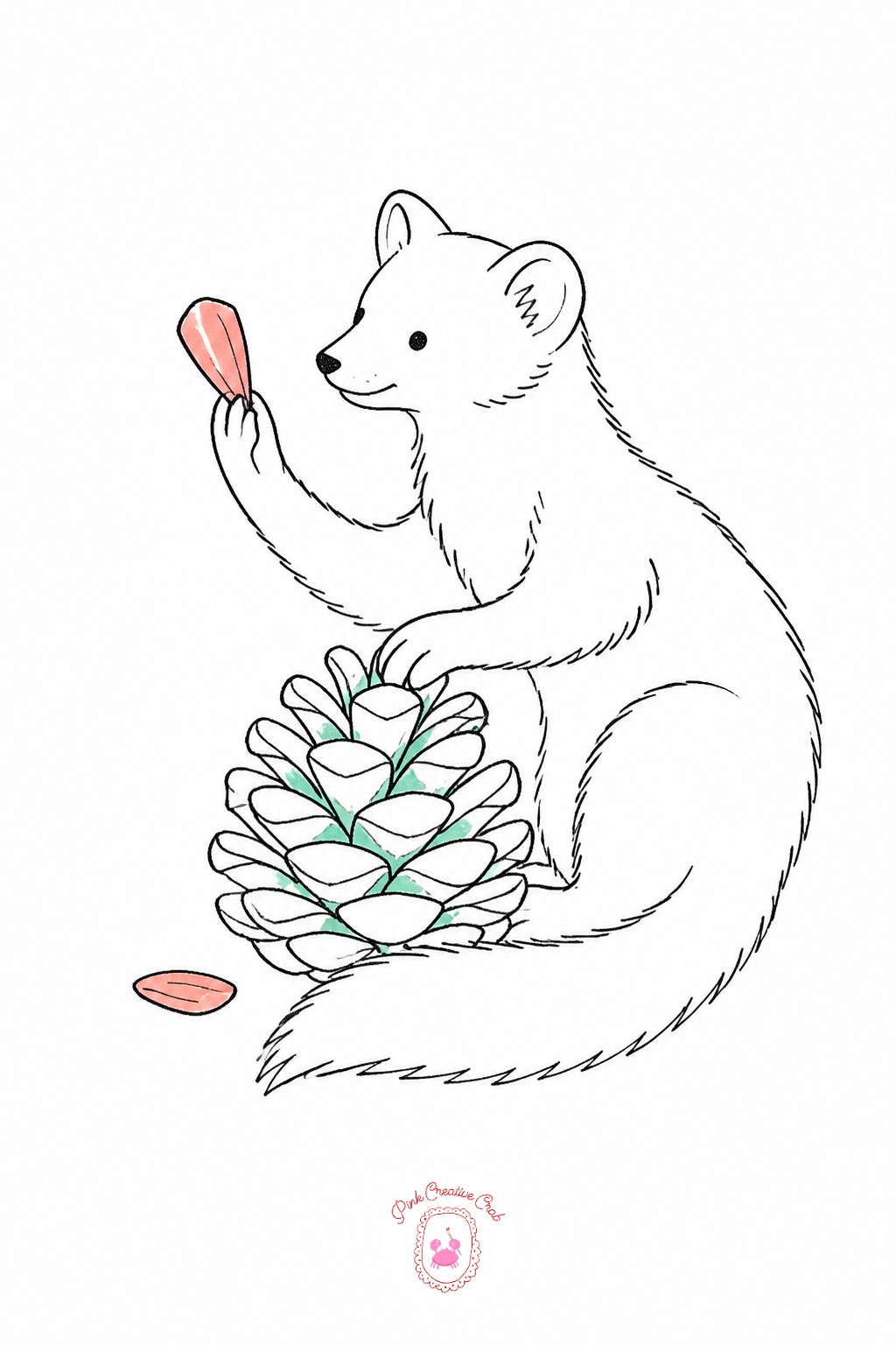 Pine Marten Collecting Pinecone Scales — Draw a single large pinecone first, scales slightly separated as if partly picked apart, since the marten's whole pose