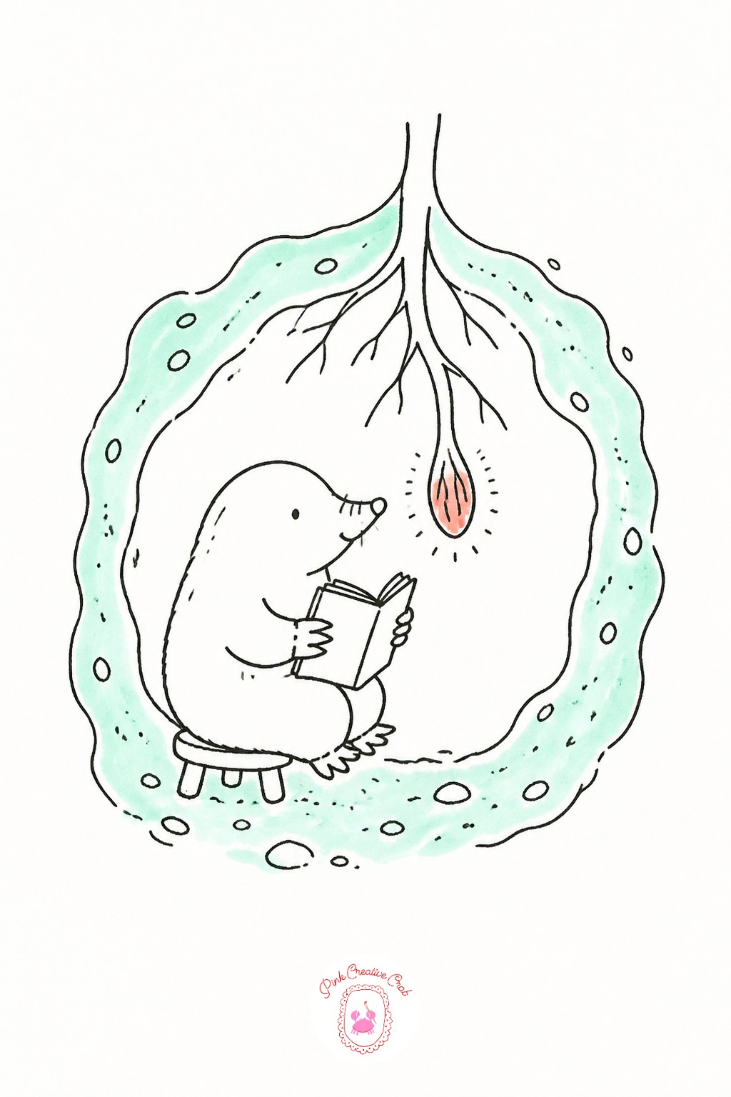 Mole Reading Underground by Root Light — Draw the underground tunnel first as a rounded arch shape taking up most of the page, since the mole and its reading