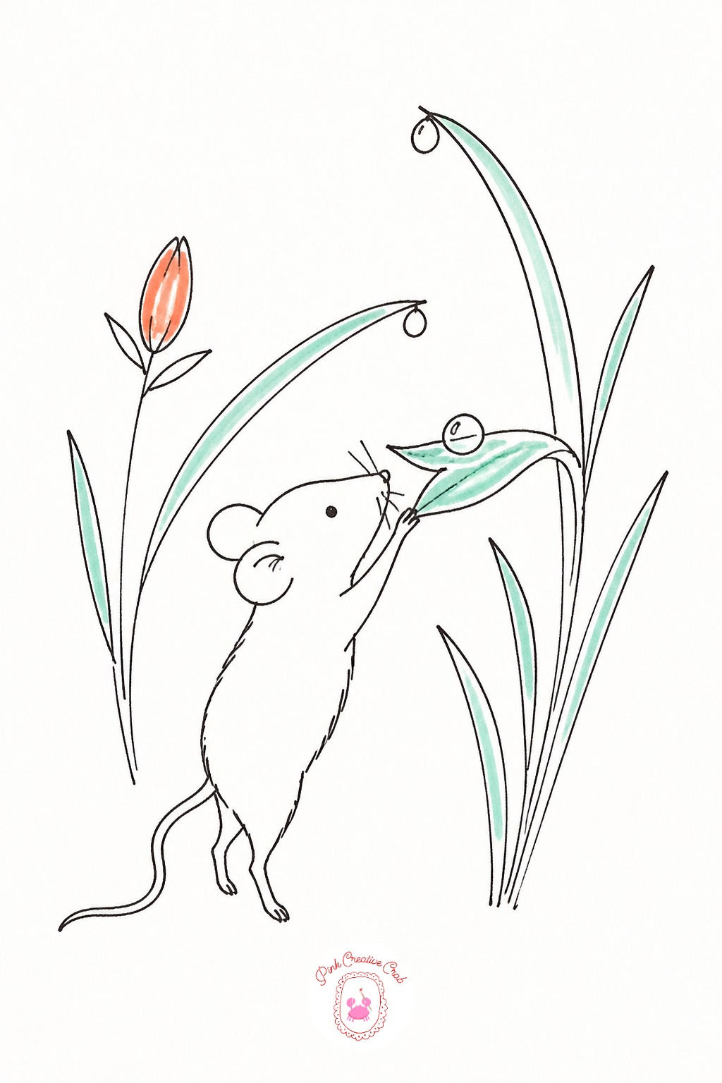Fieldmouse Harvesting Dew Drops — Scatter a few small round dew drops across a patch of grass first, varying their size slightly, since the fieldmouse's