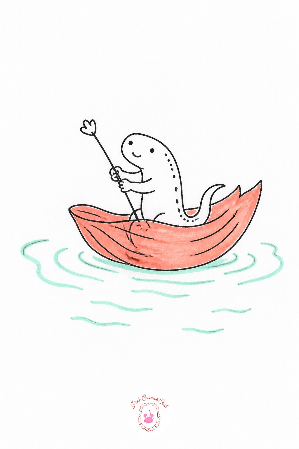 Newt Sailing a Petal Across a Puddle — Keep the puddle's outline simple and roughly oval, drawn first so the floating petal boat has a clear boundary to sit