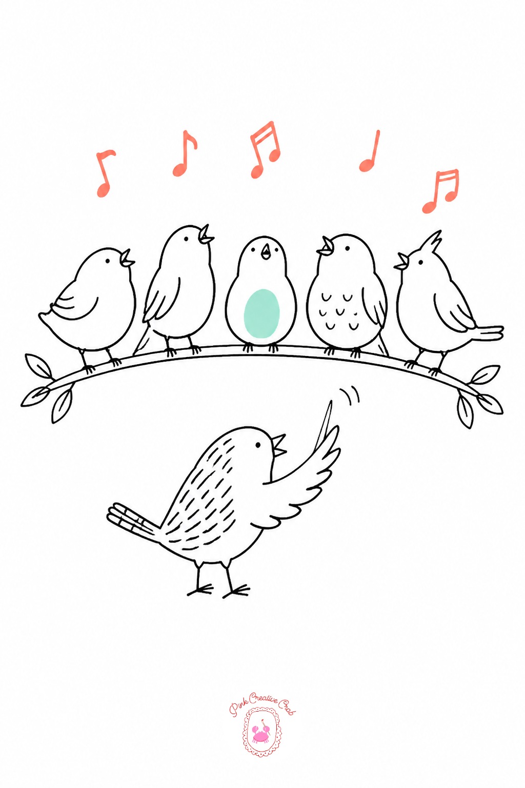 Wren Conducting a Birdsong Choir — Arrange three or four small birds in a loose row along a branch first, facing the same direction, since the wren conducting