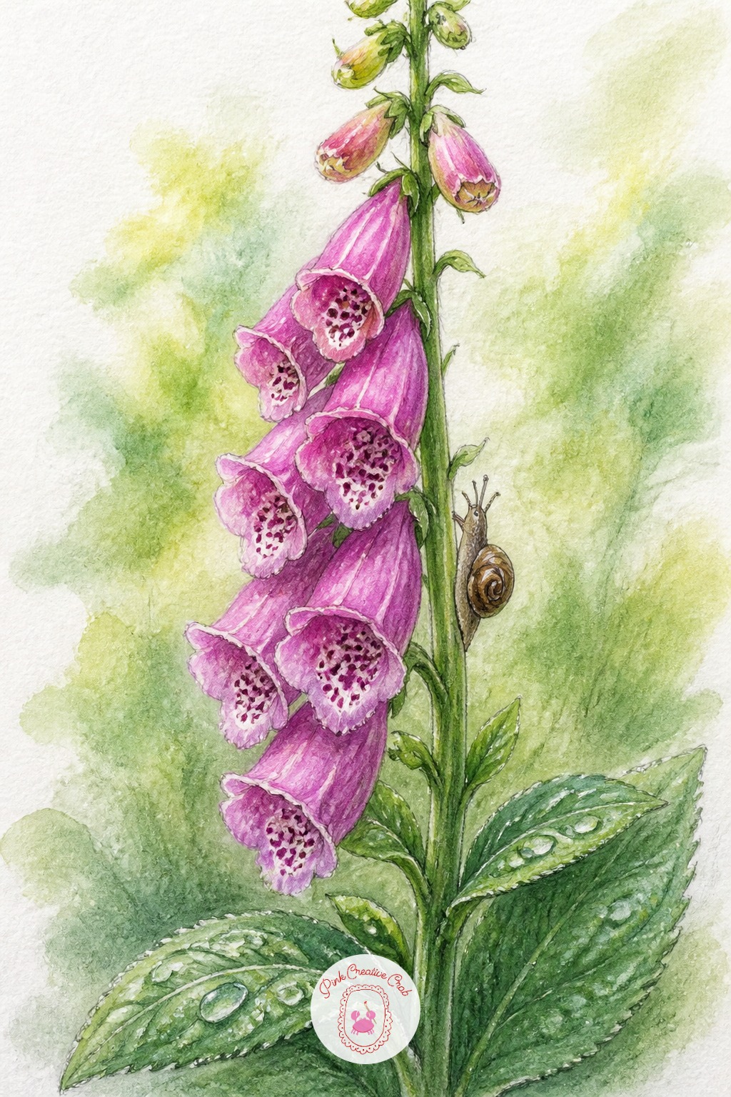 Snail Climbing a Foxglove — Measure the foxglove spike first: count how many bell flowers fit along the stem, usually seven or eight, and mark their spacing