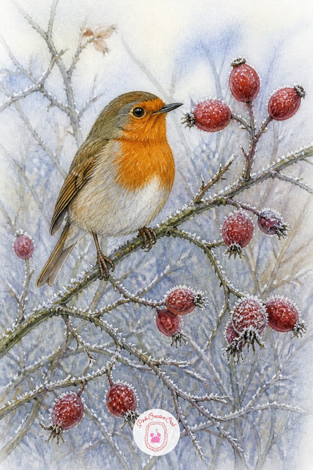 Robin Picking Rosehips in Frost — Light comes from one side on a frosty morning, low and cool, so decide that before painting a single rosehip. Botanical