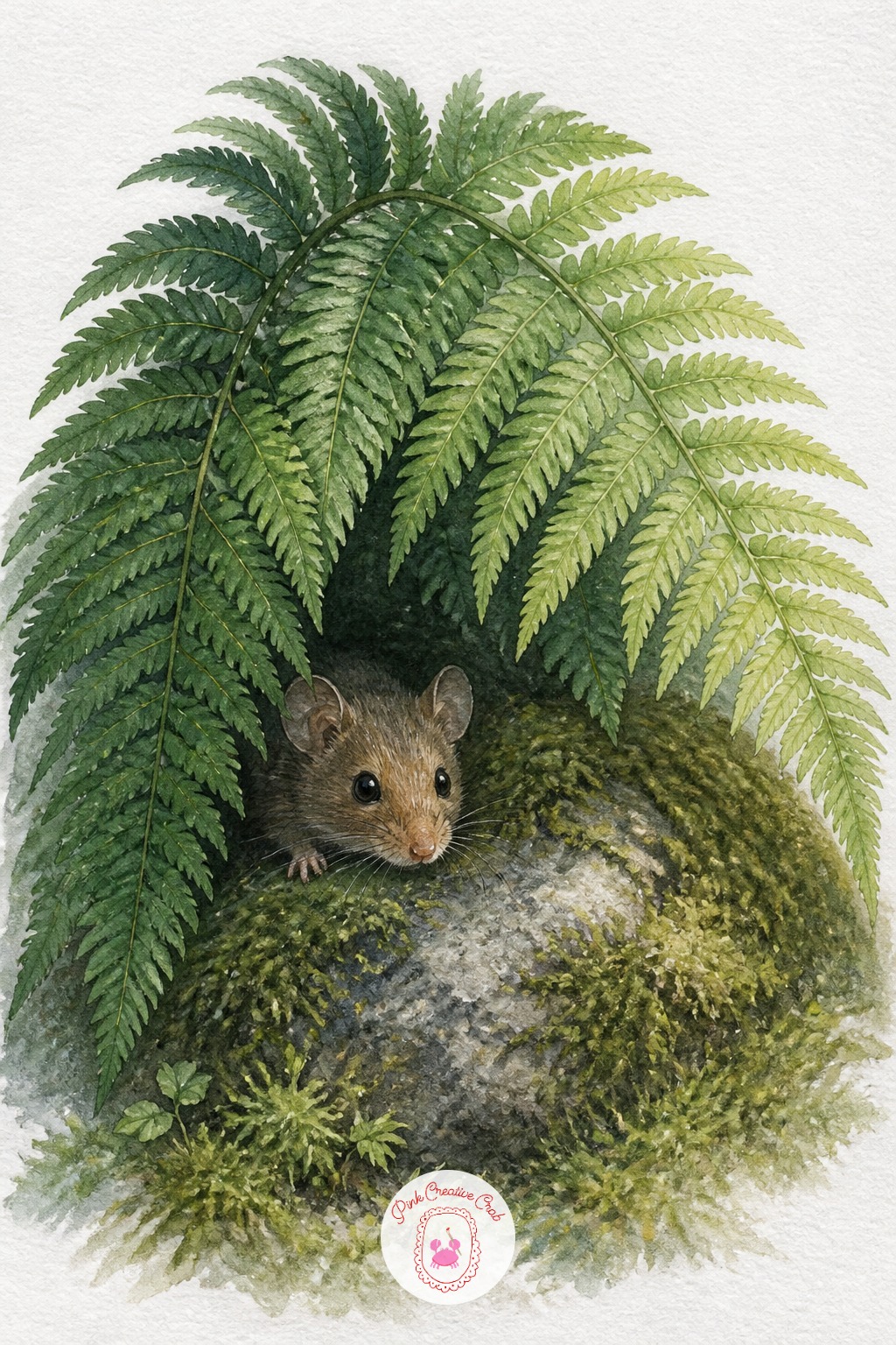 Mouse Hiding Under a Fern — Fern fronds are built from one rule: each leaflet gets slightly smaller toward the tip. Botanical sketchbook