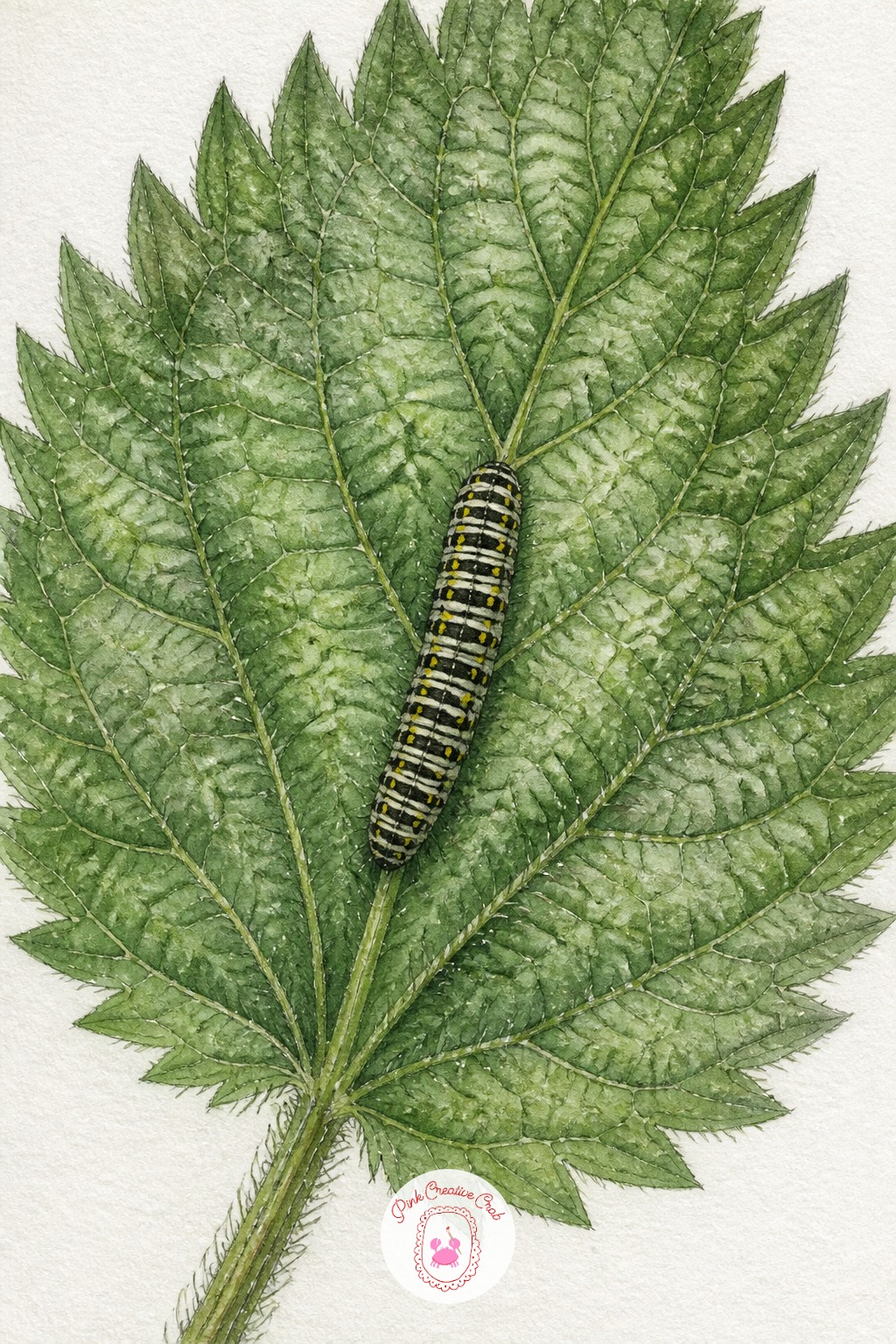 Caterpillar on a Stinging Nettle Leaf — Nettle leaves have a strong central vein and saw toothed edges, both of which need pencil work before any green goes
