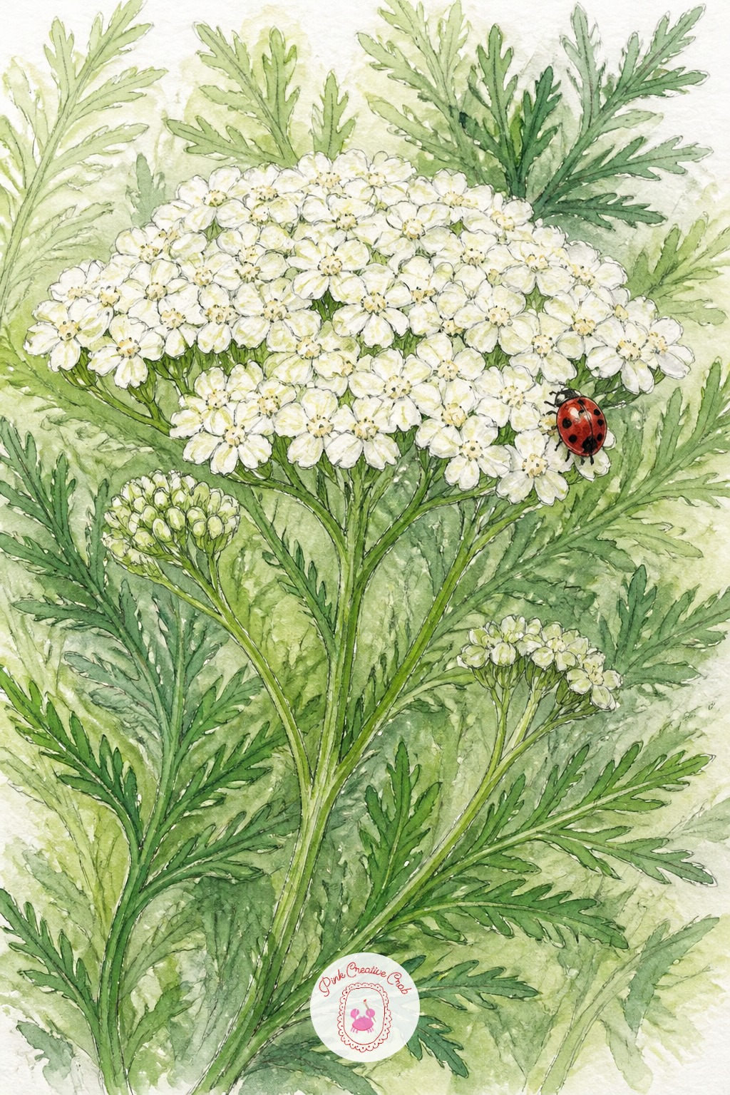 Ladybird on a Yarrow Flower Head — Yarrow flower heads are flat clusters of tiny white flowers, and the trick is painting the cluster as one soft shape first