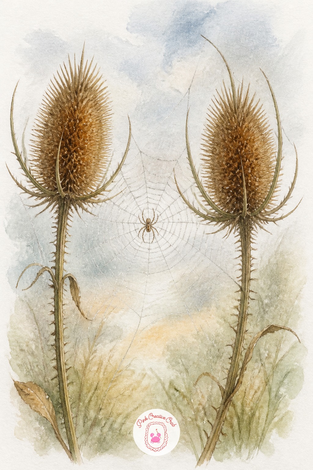 Spider Weaving Between Teasel Heads — Teasel seed heads are spiny ovals, best built with a pencil grid of short crossing lines rather than drawn outline first.