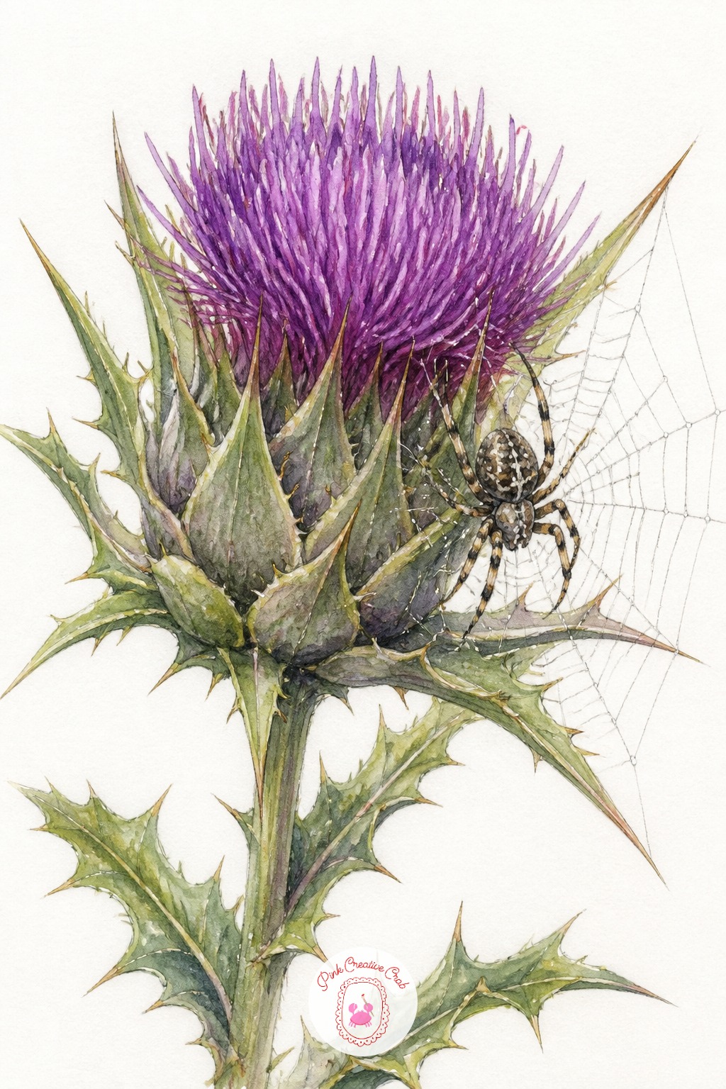 Garden Spider Guarding Her Web on a Thistle — Thistle heads are built from the center out, a tight purple tuft surrounded by spiky green bracts that point