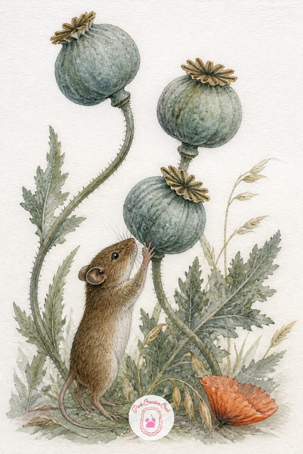 Field Mouse Gathering Poppy Seed Pods — Poppy seed pods are simple domed shapes with a flat ridged crown, far easier to get right than the flower itself.