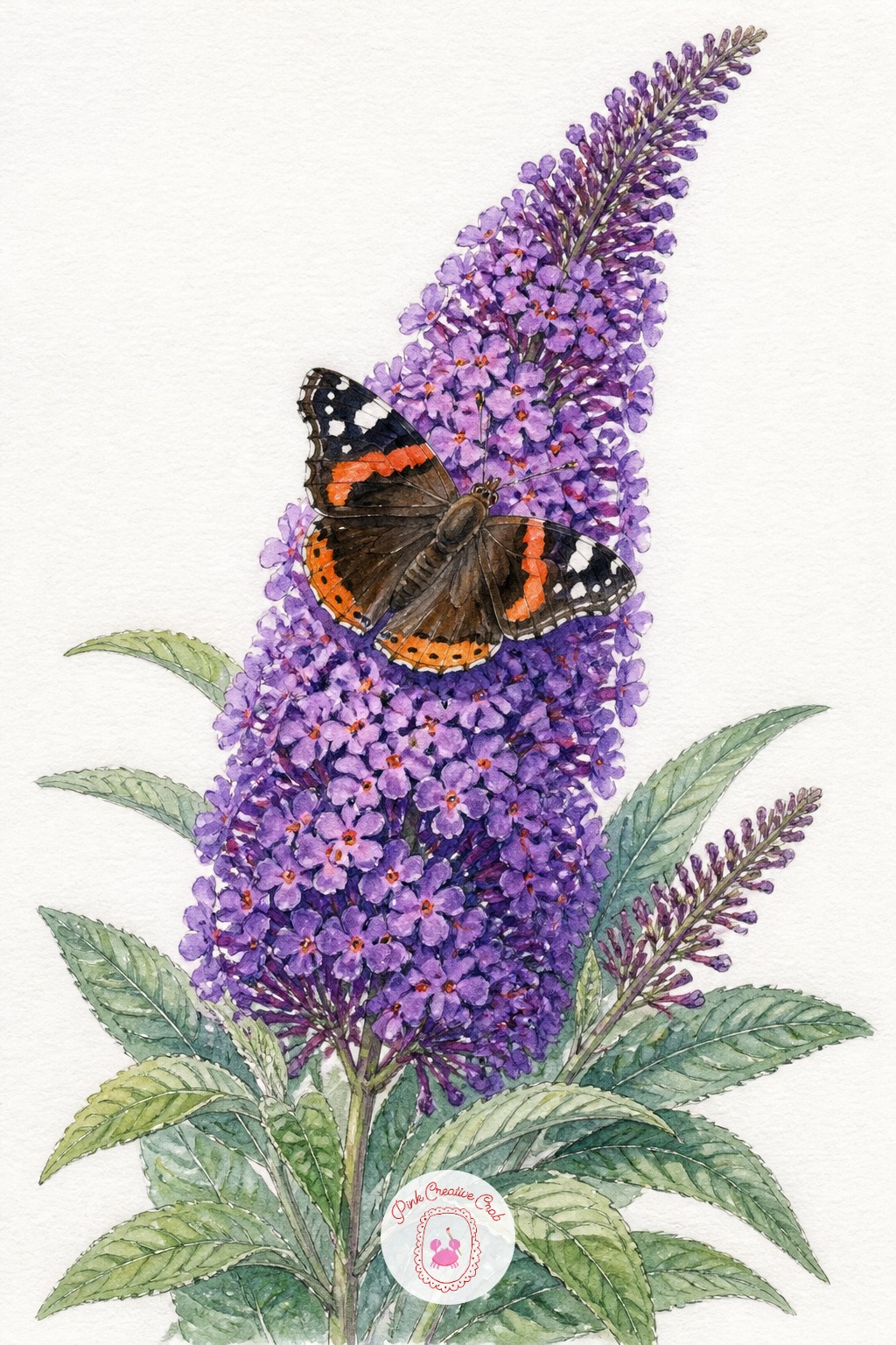 Red Admiral on a Buddleia Spike — Buddleia flower spikes are made of hundreds of tiny four petaled blooms packed into a cone shape, and painting every one is