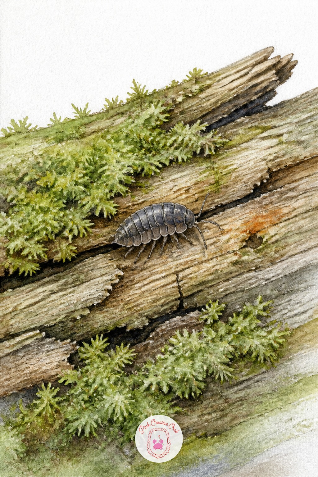 Woodlouse Exploring a Rotting Log and Moss — Moss on an old log is painted, not drawn, built from small irregular dabs of two or three greens rather than any