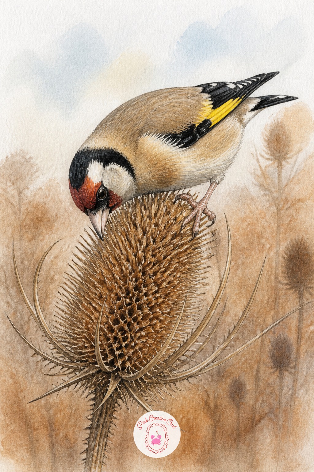 Goldfinch Feeding on Teasel Seeds — Eye level matters here: sit the goldfinch low on the teasel head as though you are looking slightly up at it, which means