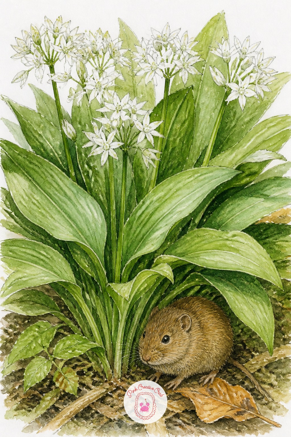 Vole Beside a Patch of Wild Garlic — Wild garlic leaves are broad and pointed, growing in loose upright clumps rather than a tidy rosette, and the white star