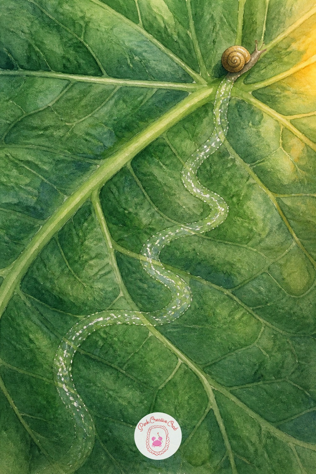 Snail Trail Across a Giant Rhubarb Leaf — One giant leaf filling the whole page is a composition lesson in itself: decide where the leaf edge leaves the frame