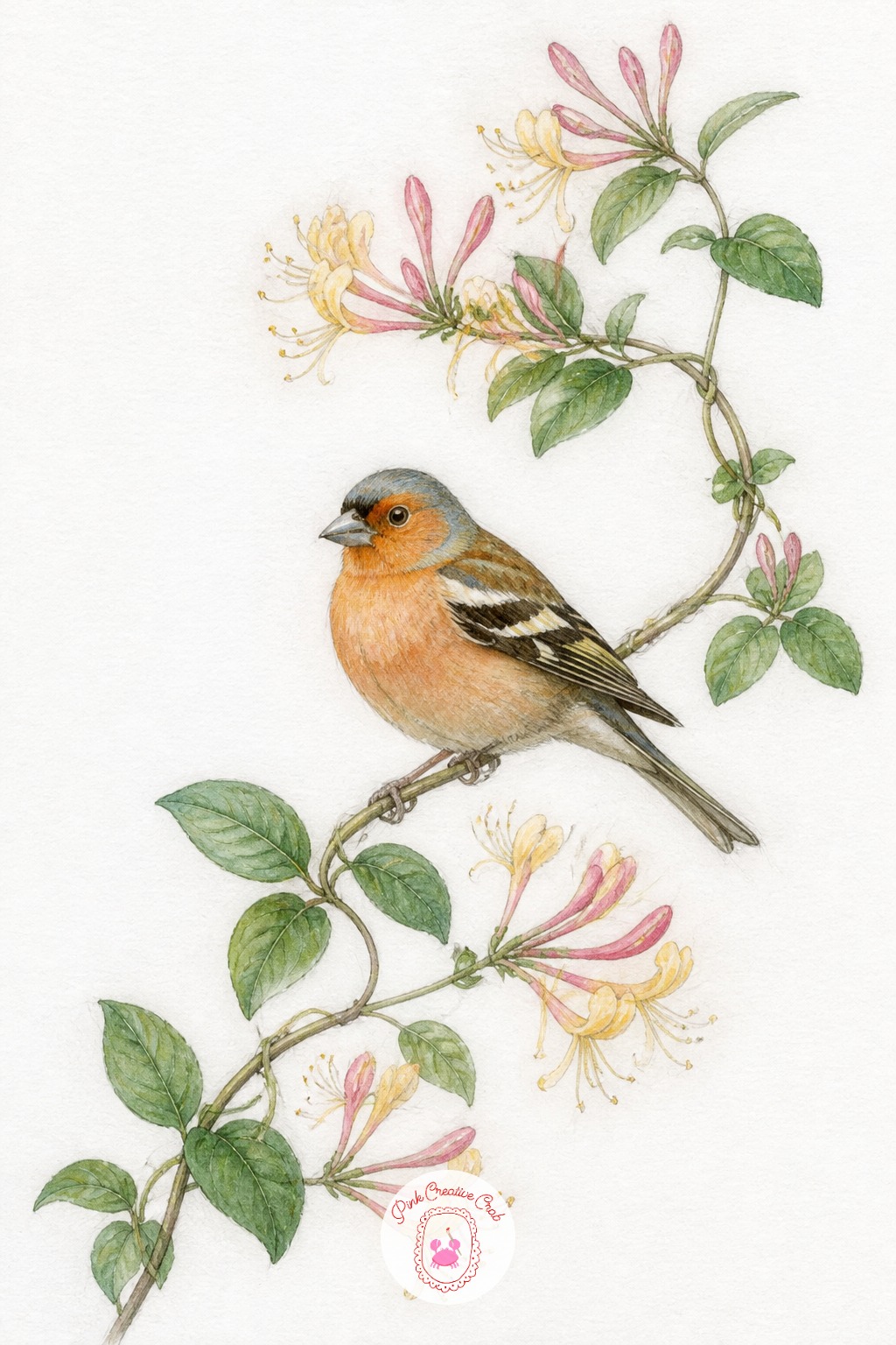 Chaffinch Perched on Honeysuckle — Honeysuckle flowers are tubular and twist slightly as they open, which is easiest to capture by painting each tube as a