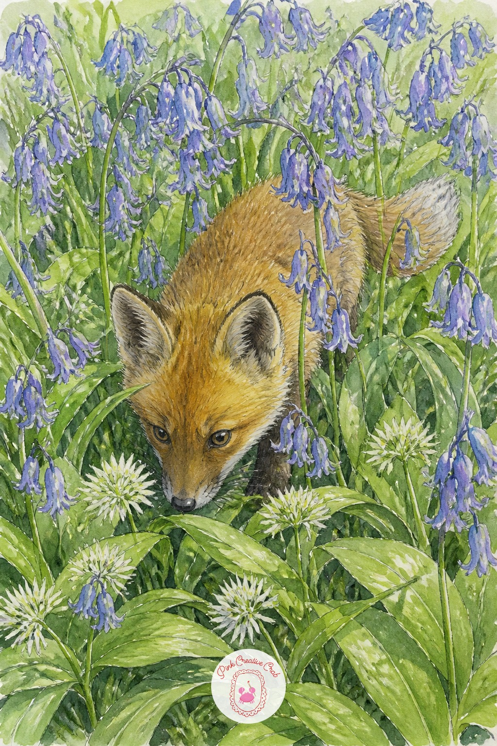 Fox Cub Nosing Through Wild Garlic and Bluebells — Bluebells droop to one side at the top of their stem, every single one, and painting them upright is the