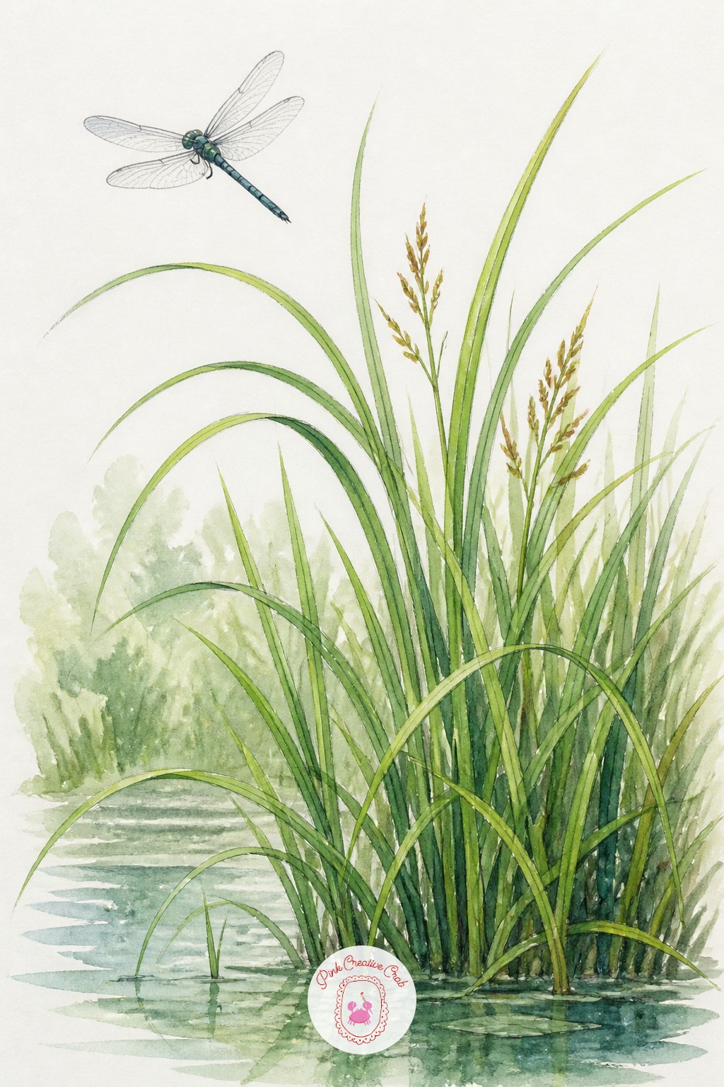 Dragonfly Over Pond Sedge — Sedge grass is long, narrow and slightly arching, and the mistake most people make is drawing every blade the same length and the