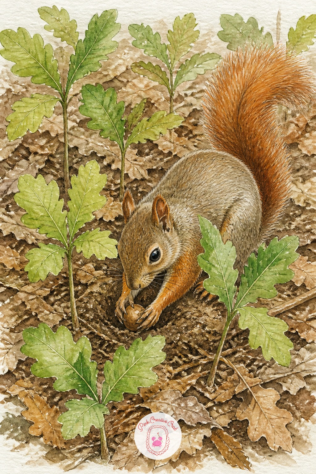 Squirrel Burying an Acorn Among Oak Seedlings — Count heads, in a sense, to get the oak seedling right: the stem should be roughly as tall as three or four of