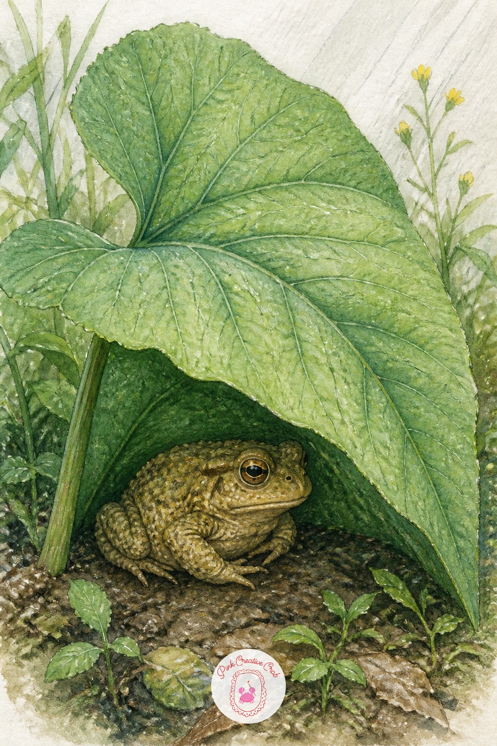 Toad Sheltering Under a Burdock Leaf — Burdock leaves are enormous, heart shaped and slightly downy, and that downy texture is what separates this leaf from a