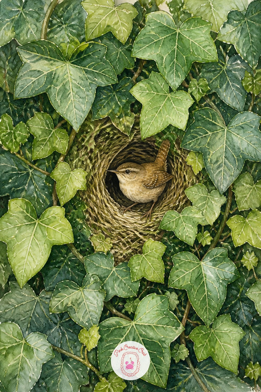 Wren Nesting in a Tangle of Ivy — Ivy leaves overlap heavily, and the trick to keeping the tangle readable is painting the leaves in three value groups, light