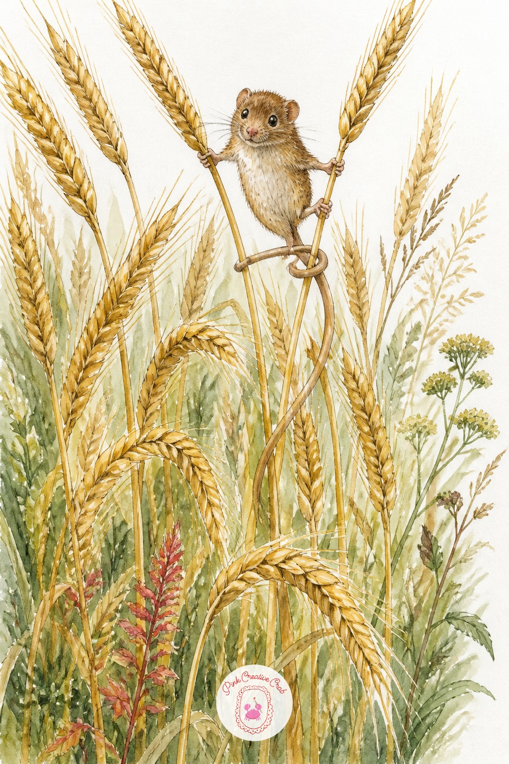 Harvest Mouse Climbing Wheat Stalks at the Field Edge — Wheat stalks are tall and thin, so the challenge is keeping them from looking like stiff vertical
