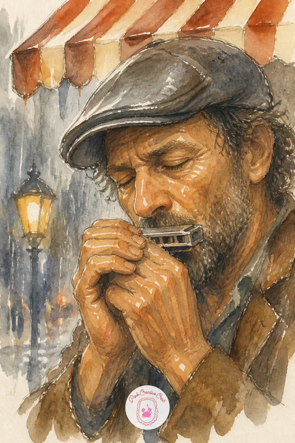 Busker Playing Harmonica in the Rain — Ten minutes gets you the essentials: a loose wash for the face, a dark shape for the harmonica held up to his lips, and