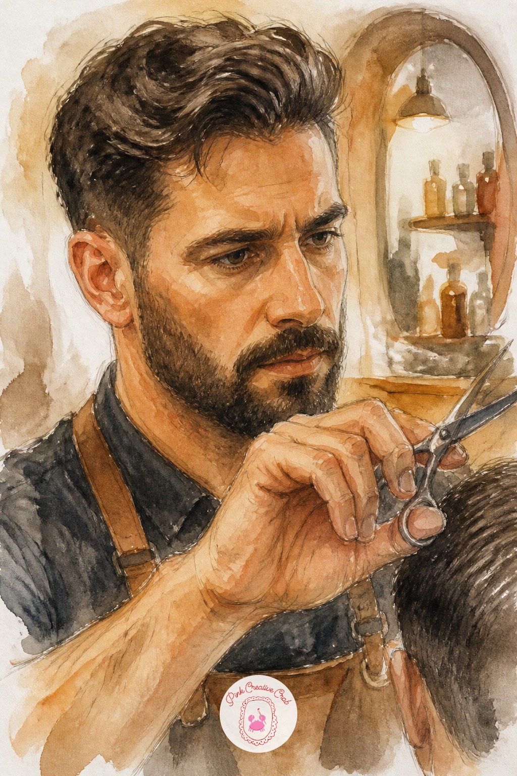 Barber Mid Snip — The usual mistake here is painting the scissors too large and too dark, which pulls every bit of attention away from the face they are meant