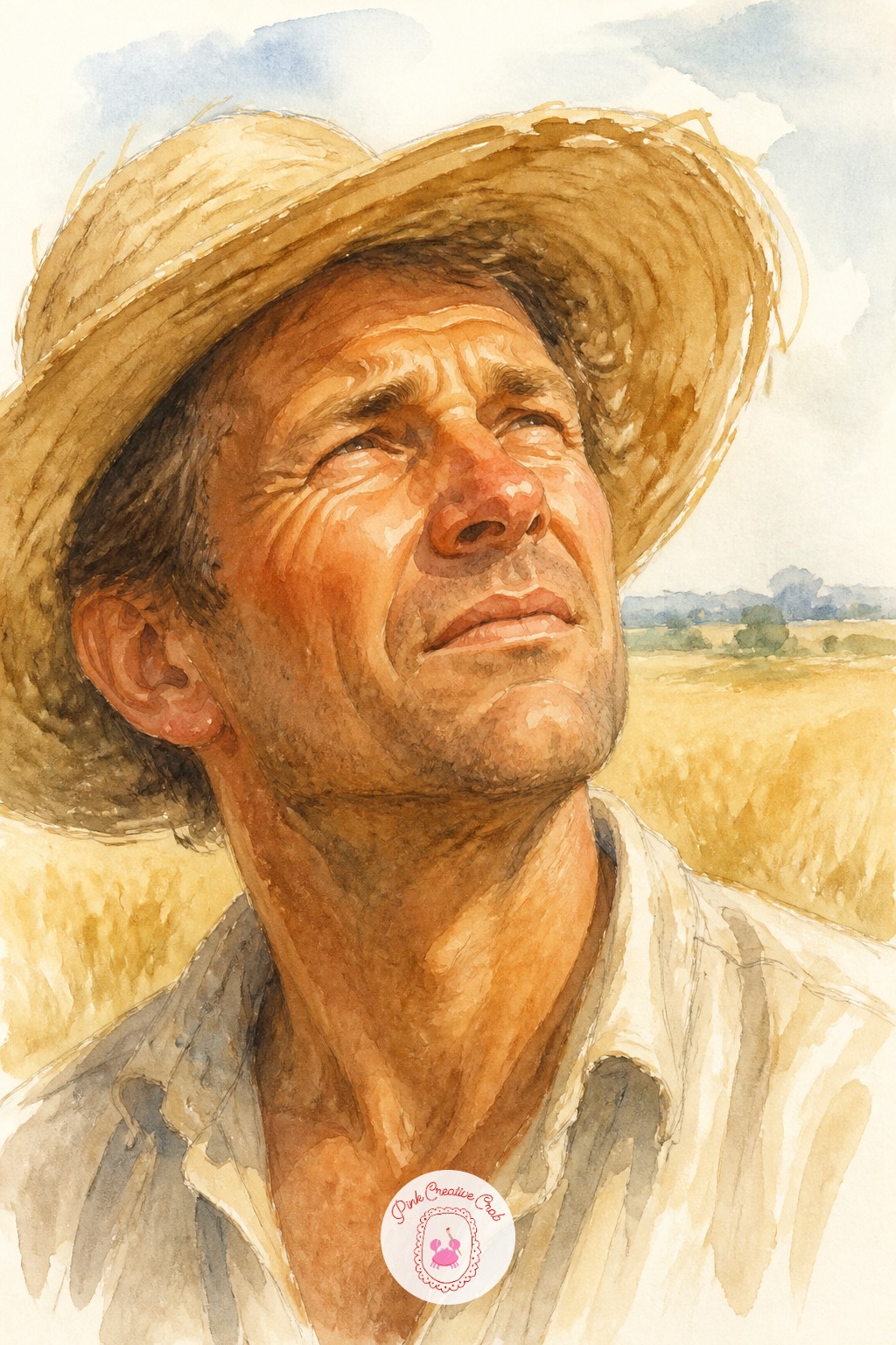 Farmer Checking the Sky — Try the ten-minute version first: a squinting face tilted upward, one quick wash for a straw hat, a pale smear of field behind.