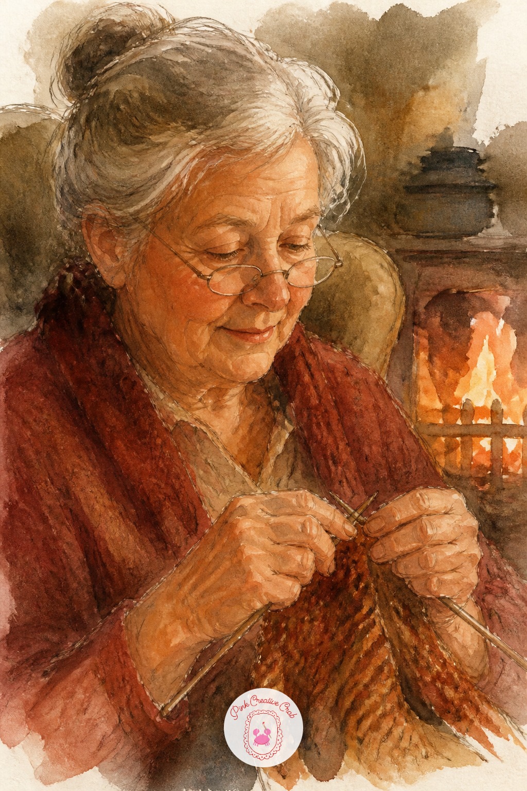 Knitting Woman by the Fire — Place the fireside glow first, a warm orange-red wash across one cheek and the backs of her hands, before any other color touches