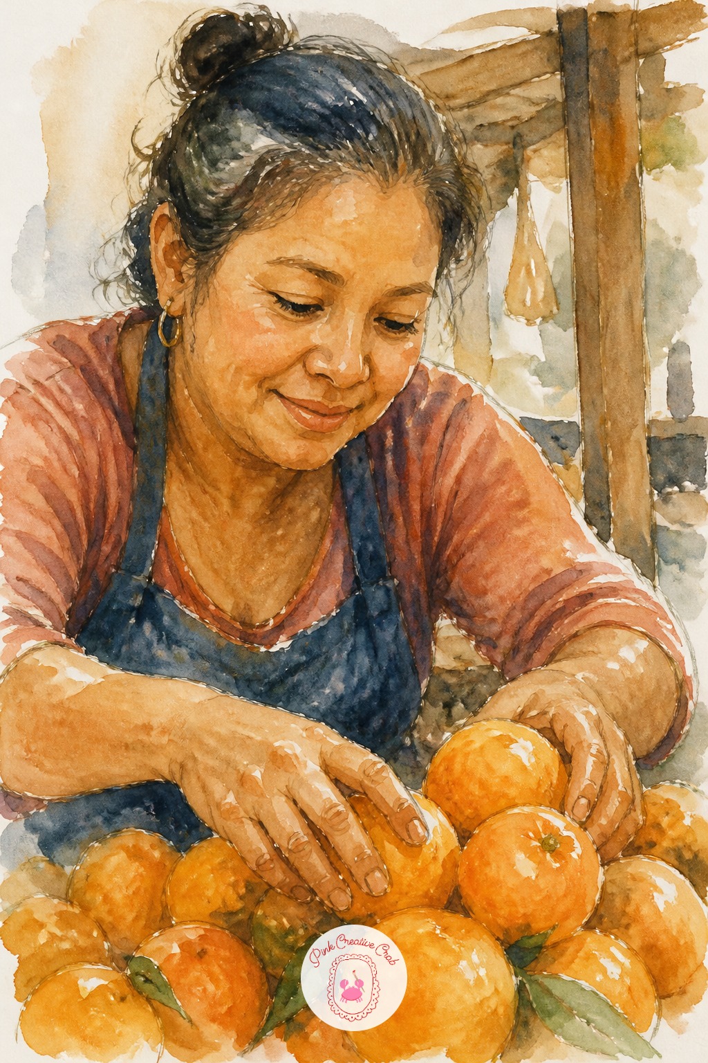 Fruit Seller Arranging Oranges — Start with three marks only: the tilt of her head, the curve of one shoulder, and the rough pile shape of the oranges in her