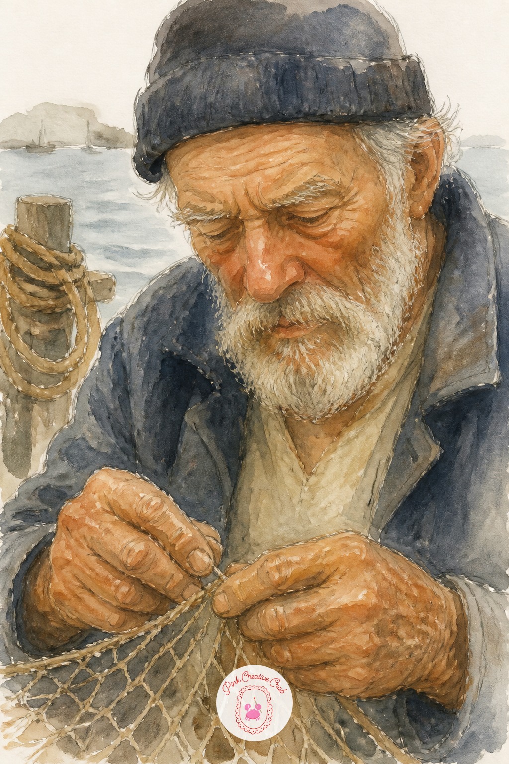 Old Sailor Mending Nets — His weathered hands need more attention than his face in this one, since they carry the story of the net work. Sketchbook portrait