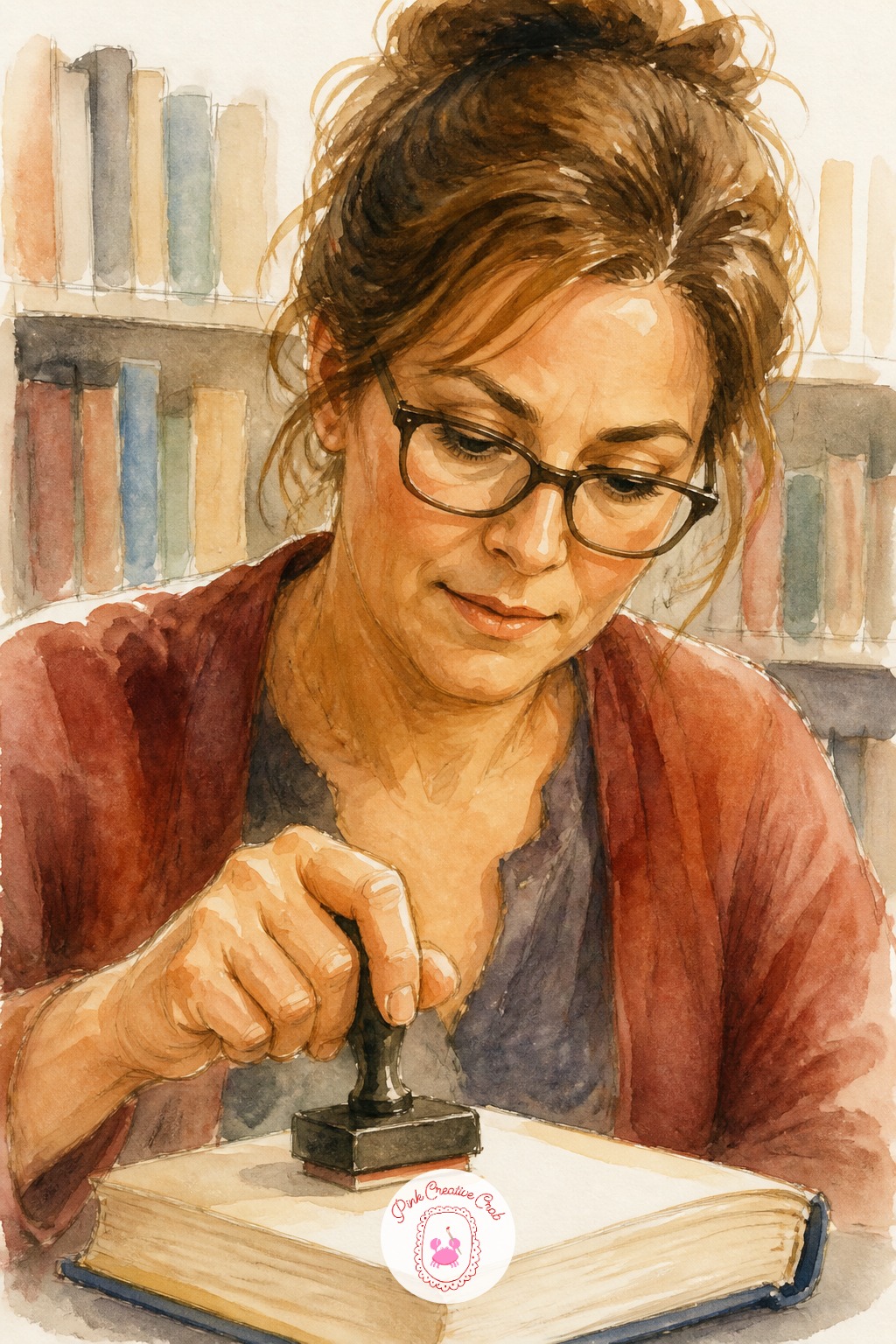 Librarian Stamping a Book — Place her glasses before her eyes, not after. Sketchbook portrait