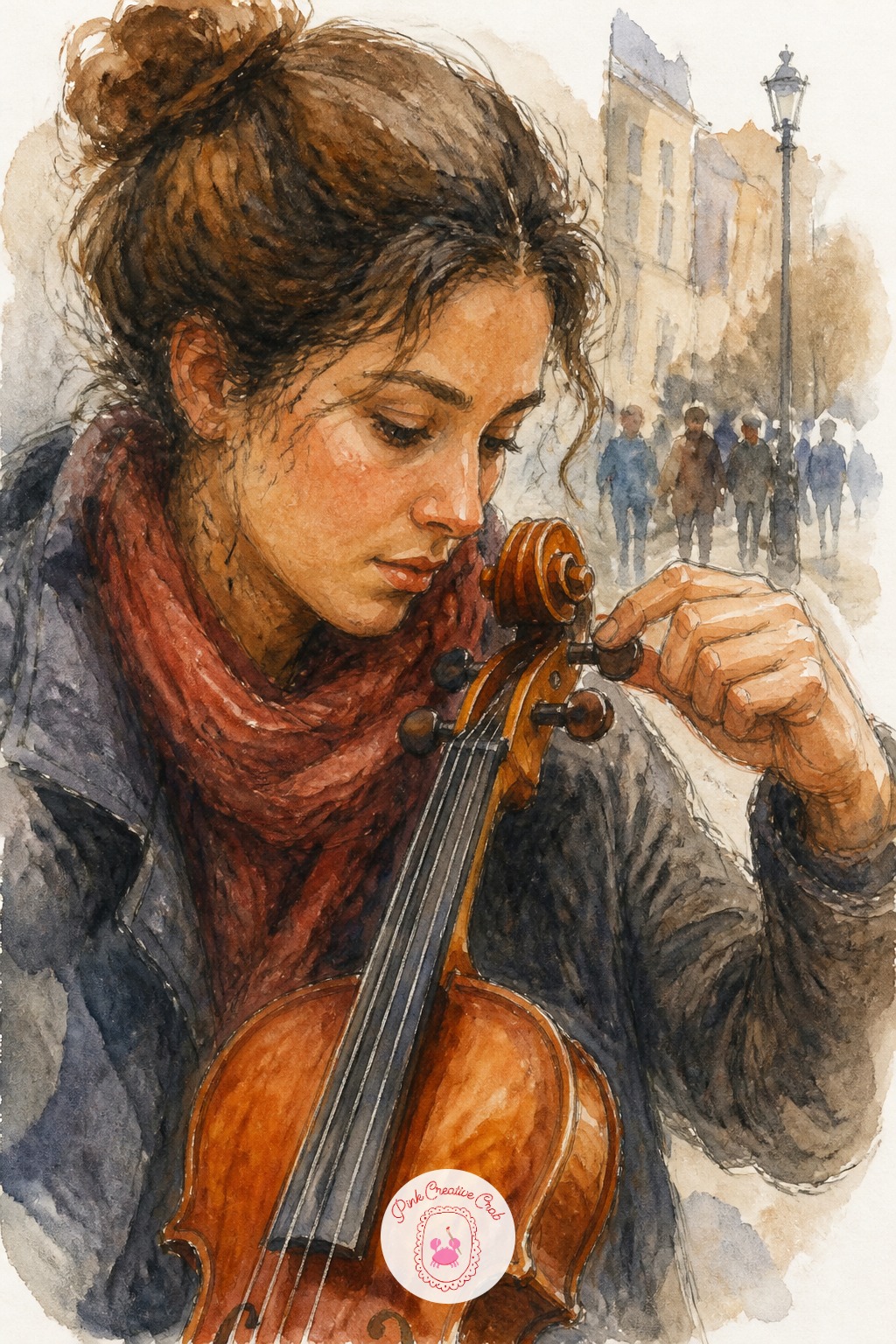 Street Musician Tuning a Violin — Her bent head over the violin creates a strong diagonal line running from her shoulder to her chin, and that diagonal is