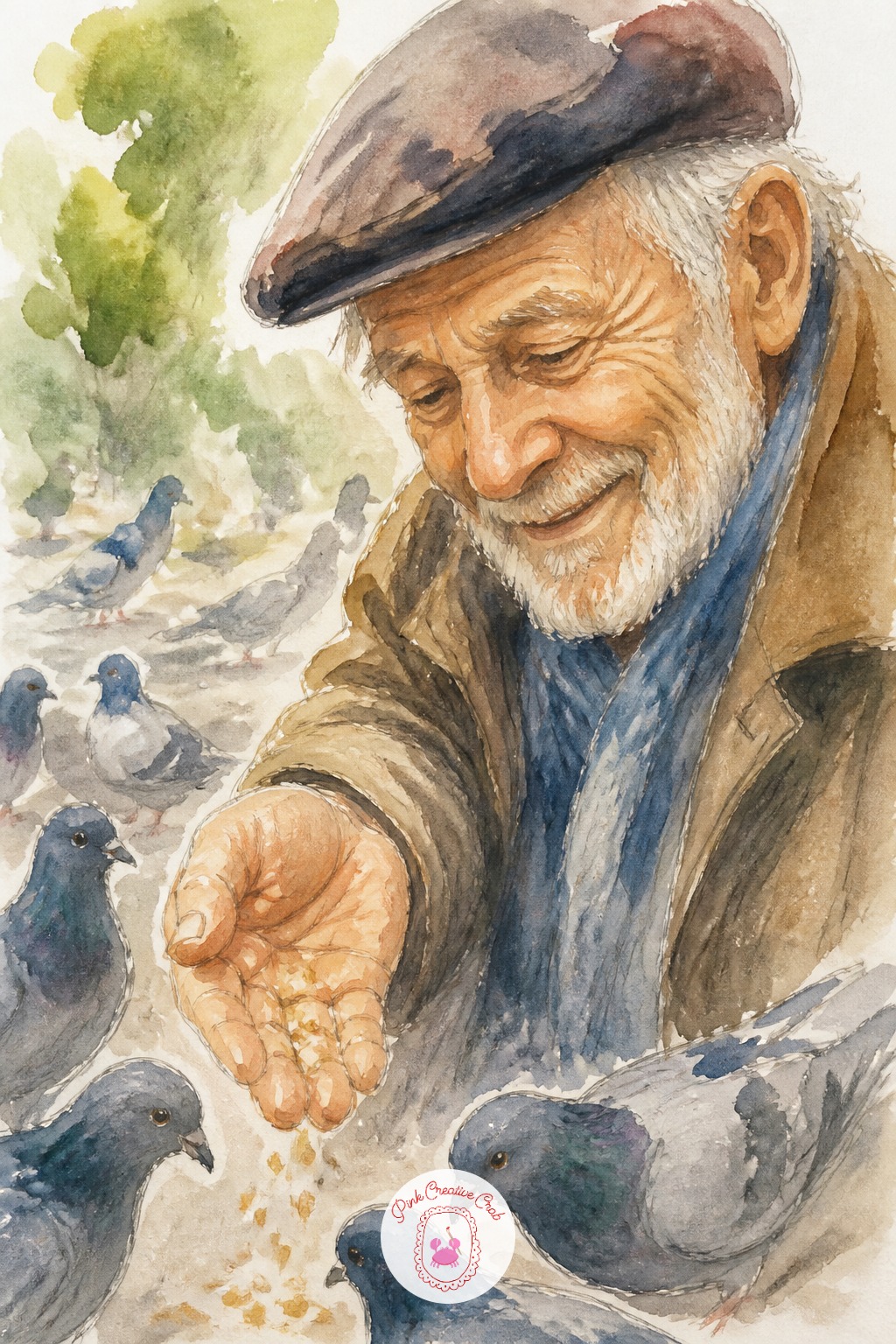 Old Man Feeding Pigeons — The usual mistake with pigeons underfoot is painting every bird in full detail and losing the face to clutter. Sketchbook portrait