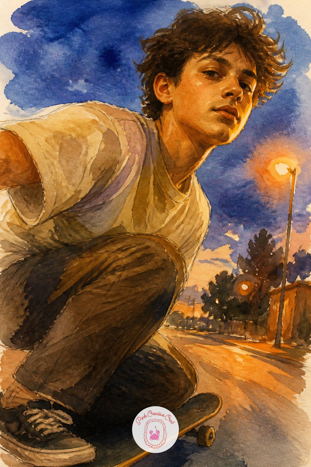 Teenager Skateboarding at Dusk — Eye level sits low here, looking slightly up at his face as he rolls past, which shortens his chin and lengthens the underside