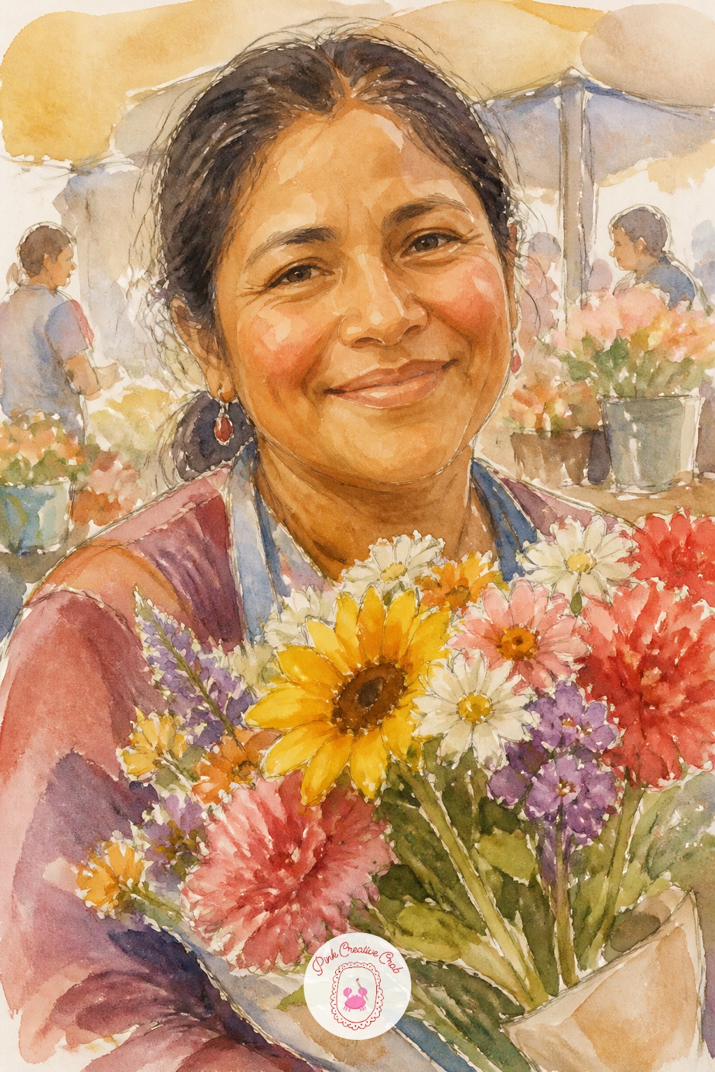 Flower Vendor at the Market — Build the bouquet in her arms before her face, mixing three or four distinct flower colors wet into wet so they bleed softly into