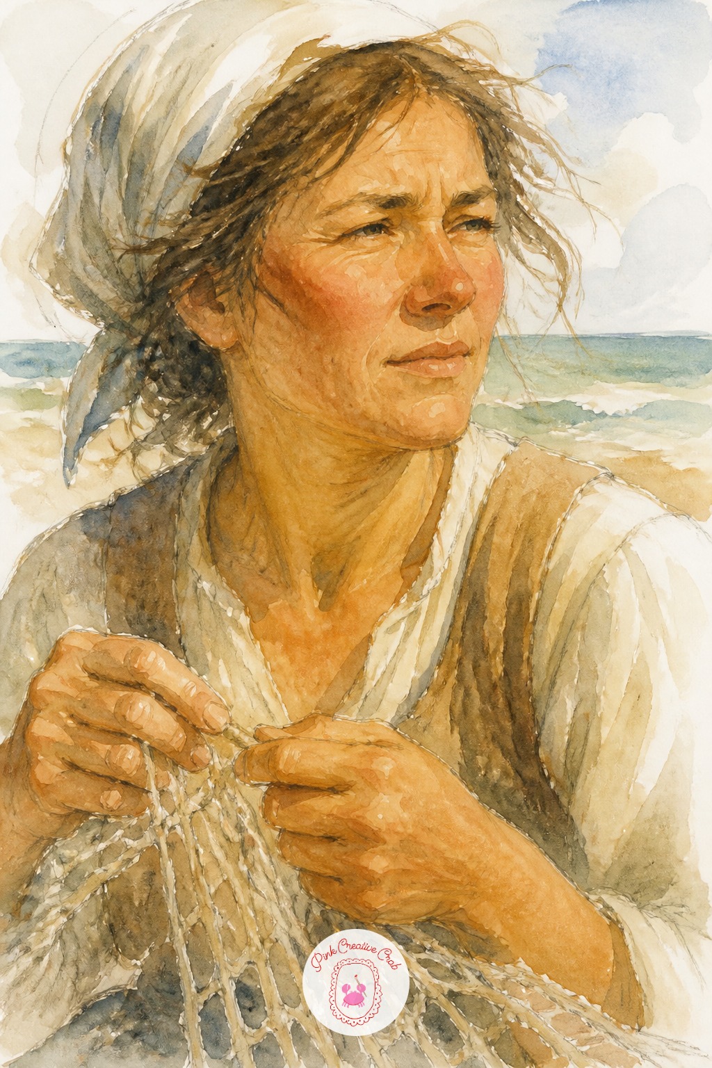 Fisherman's Wife Mending a Net on the Shore — Compare the width of her shoulders to the width of her head before painting the net across her lap, since